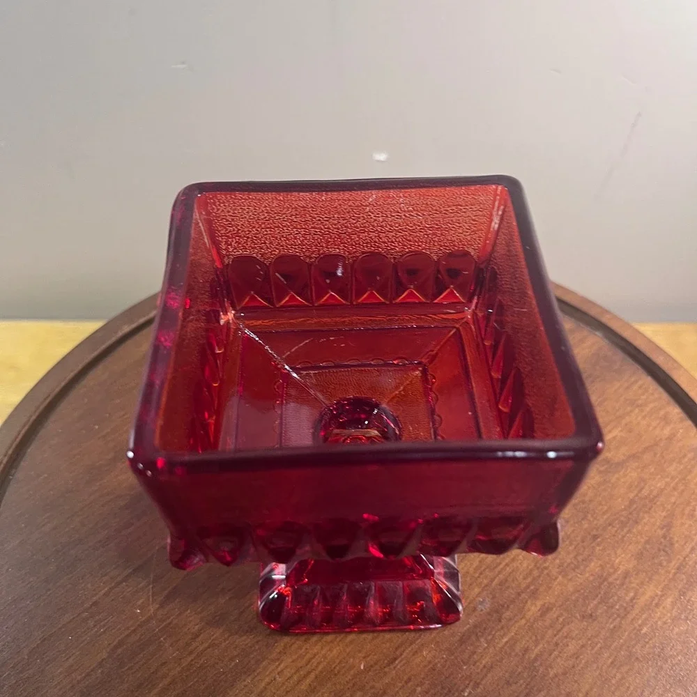 Vtg Jeanette Ruby Red Glass Wedding Cake Box Dish Lidded Footed Pedestal 6.5in